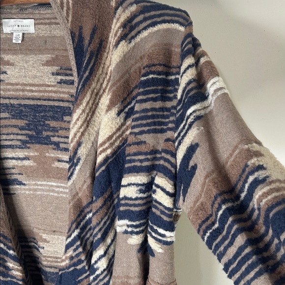 LUCKY BRAND Aztec Western Boho Tribal Open Front Brown Blue Cardigan Size Large - Picture 6 of 16